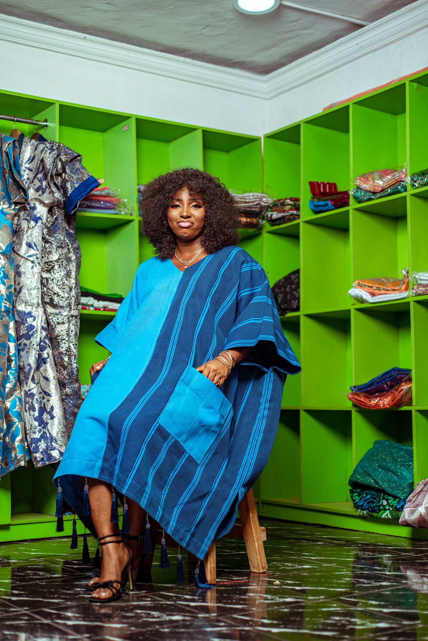 Royal Blue Aso Oke Boubou with Striped Details and Tassels