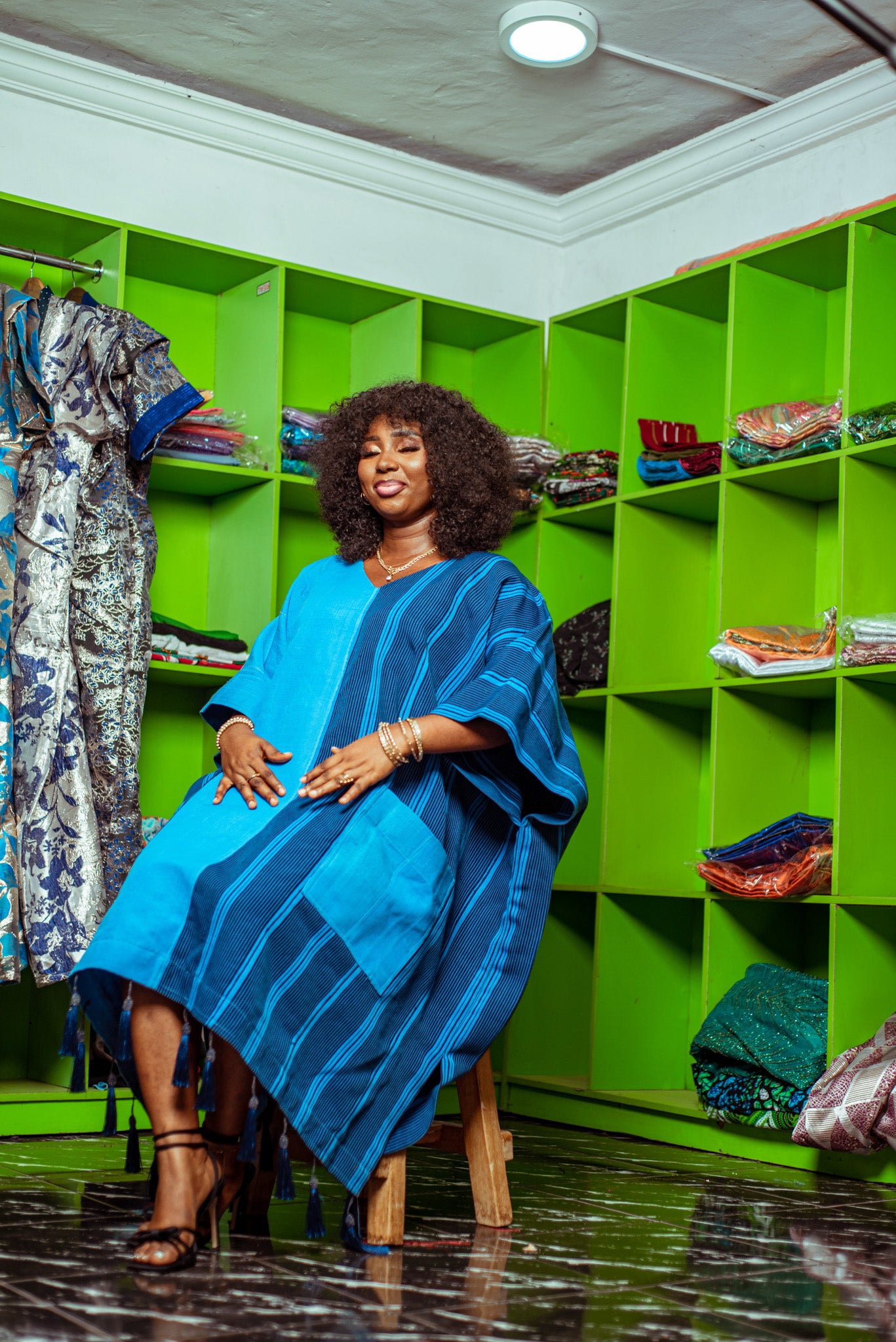 Royal Blue Aso Oke Boubou with Striped Details and Tassels