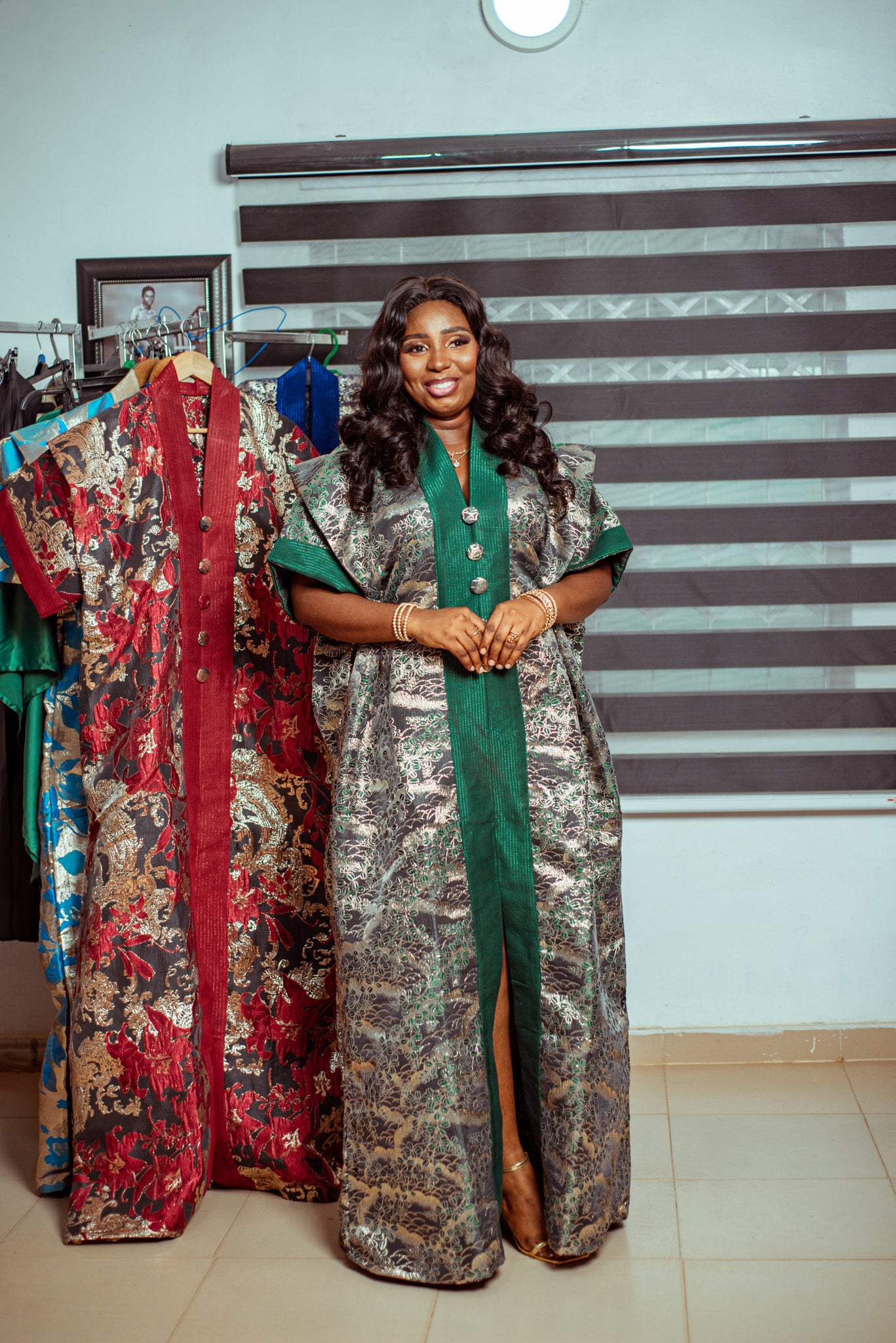 Floral Metallic Brocade Boubou with Emerald Green Trim and Button Details