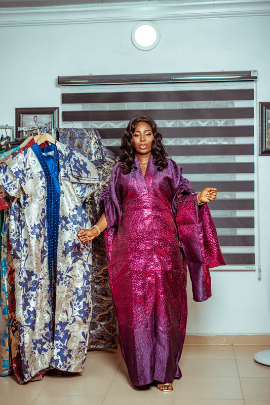 Royal Purple Metallic Brocade Boubou with Dramatic Sleeves and Matching Shawl