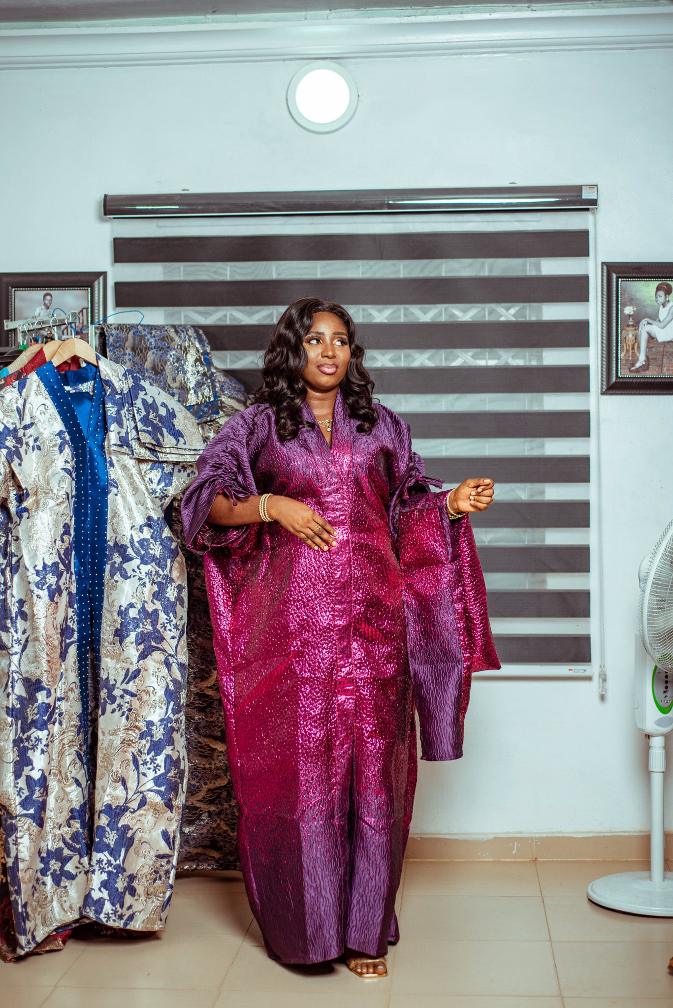 Royal Purple Metallic Brocade Boubou with Dramatic Sleeves and Matching Shawl