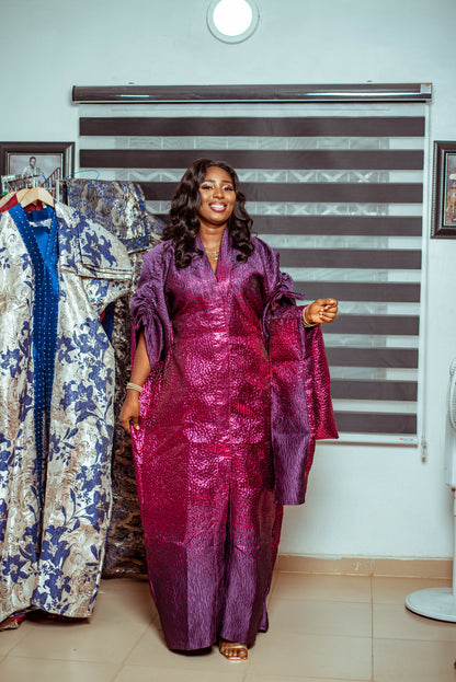 Royal Purple Metallic Brocade Boubou with Dramatic Sleeves and Matching Shawl