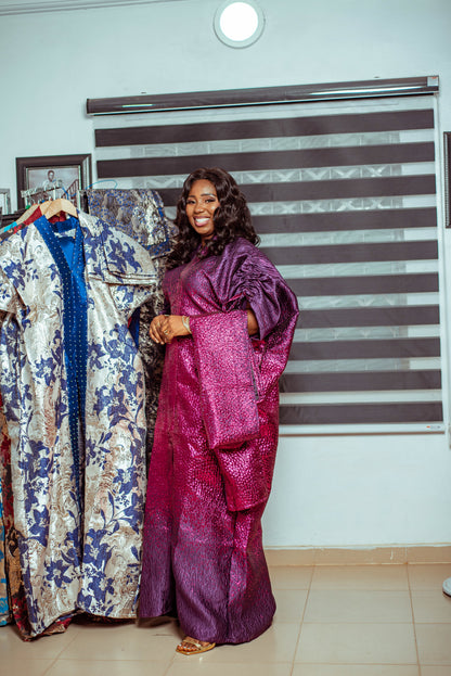 Royal Purple Metallic Brocade Boubou with Dramatic Sleeves and Matching Shawl