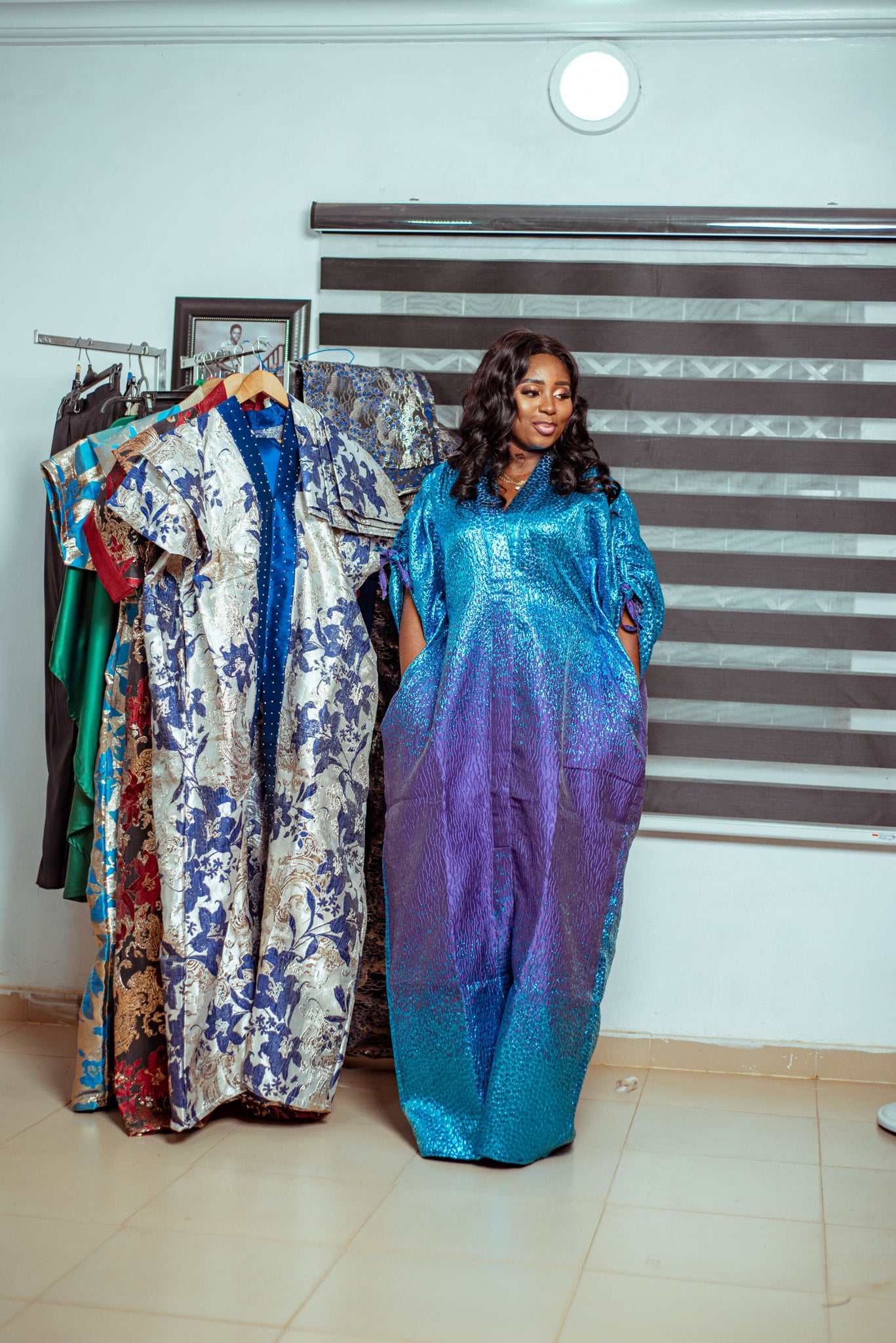 Vibrant Blue Metallic Brocade Boubou with Subtle Purple Hues