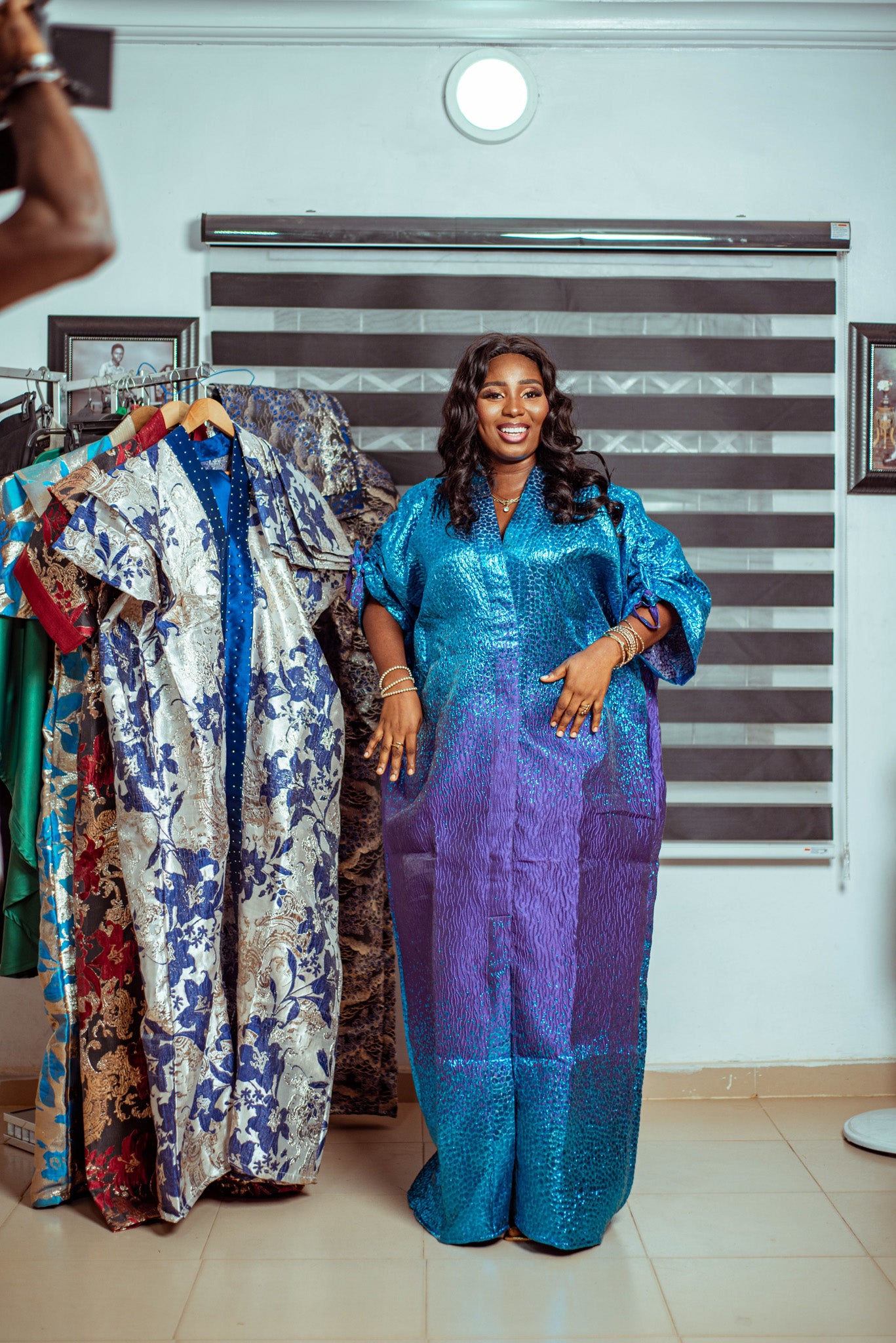 Vibrant Blue Metallic Brocade Boubou with Subtle Purple Hues