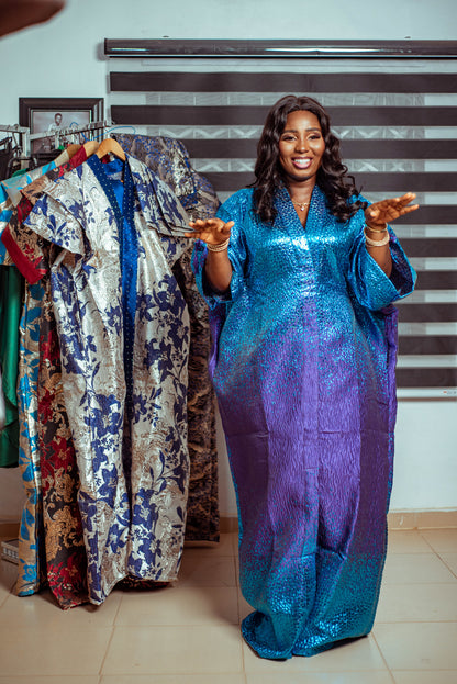 Vibrant Blue Metallic Brocade Boubou with Subtle Purple Hues