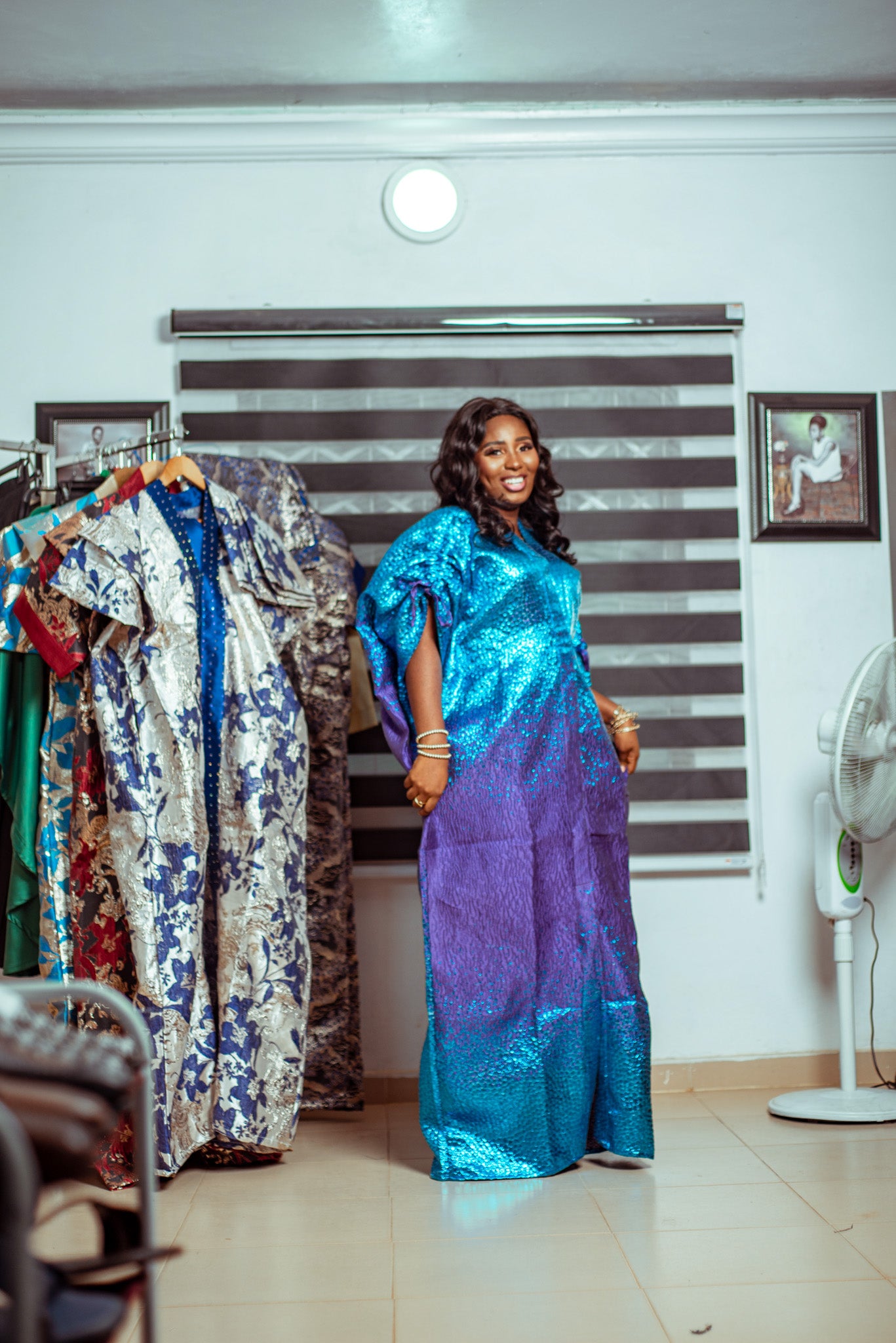 Vibrant Blue Metallic Brocade Boubou with Subtle Purple Hues