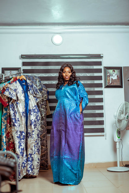 Vibrant Blue Metallic Brocade Boubou with Subtle Purple Hues