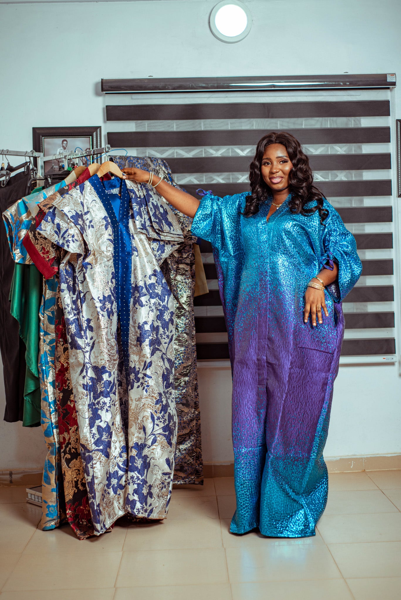 Vibrant Blue Metallic Brocade Boubou with Subtle Purple Hues