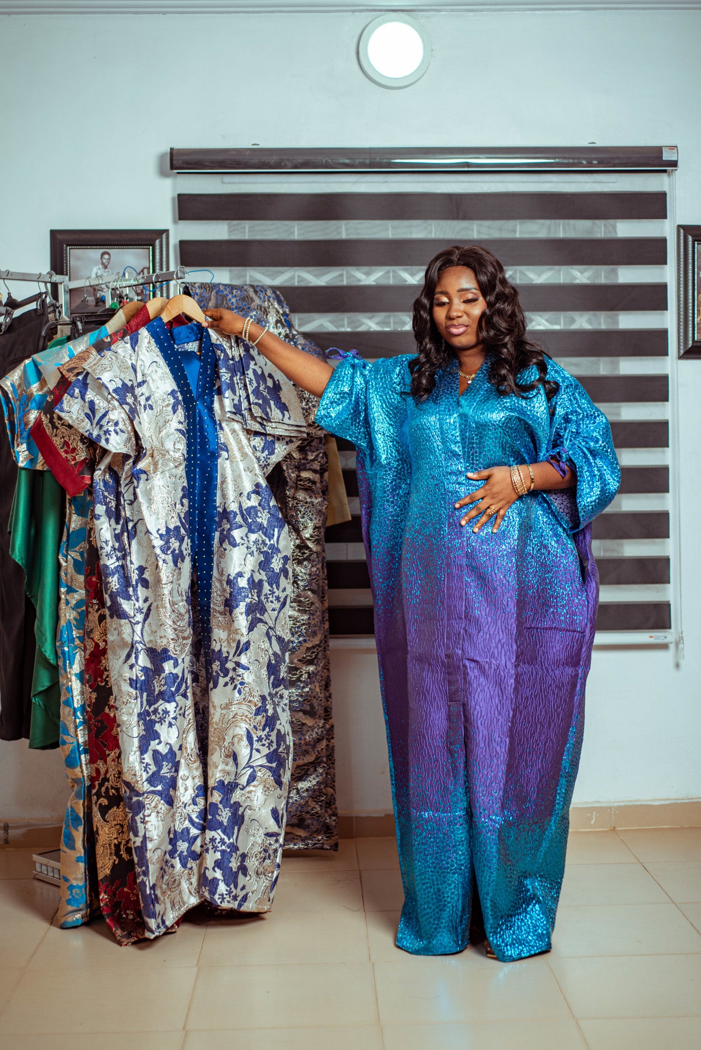 Vibrant Blue Metallic Brocade Boubou with Subtle Purple Hues