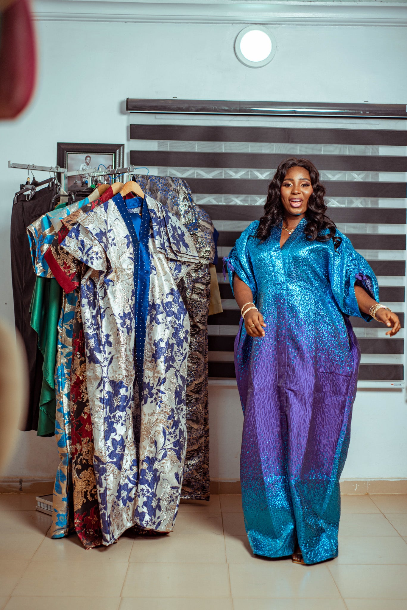 Vibrant Blue Metallic Brocade Boubou with Subtle Purple Hues