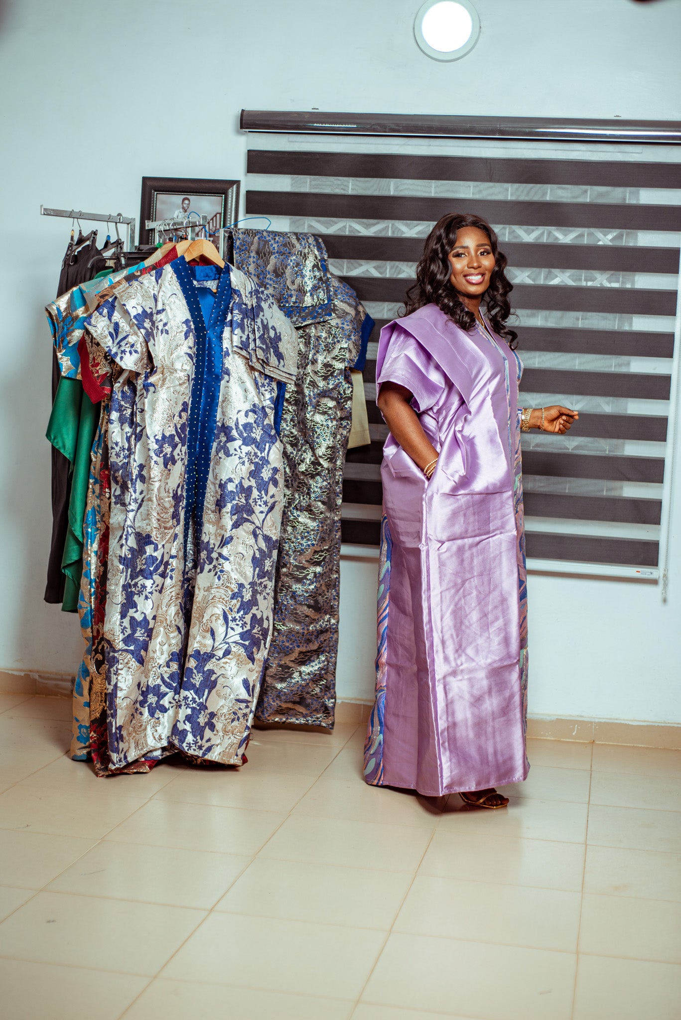 Soft Lilac Metallic Brocade Boubou with Swirl-Patterned Shawl