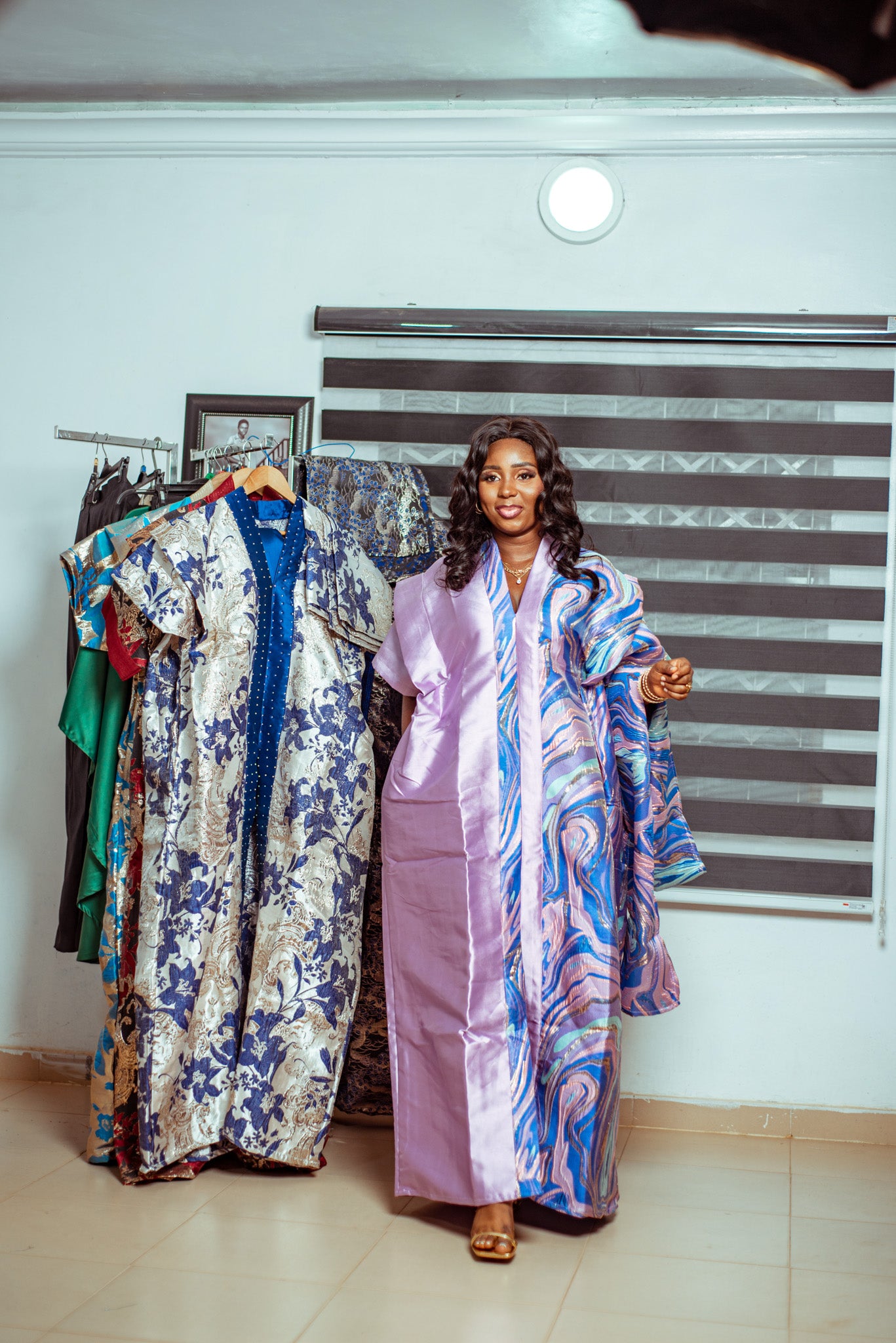 Soft Lilac Metallic Brocade Boubou with Swirl-Patterned Shawl