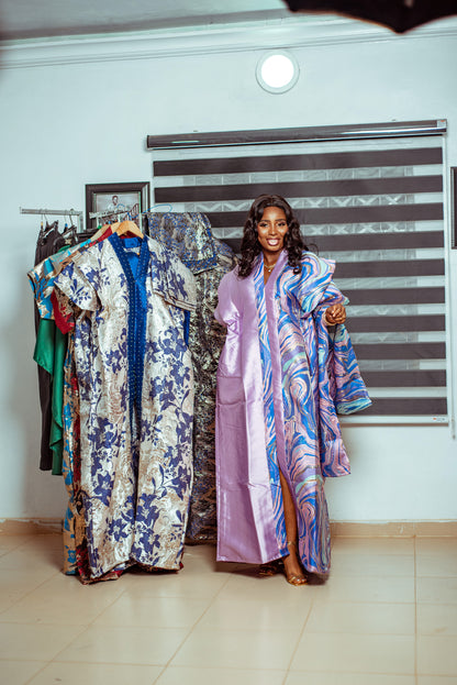 Soft Lilac Metallic Brocade Boubou with Swirl-Patterned Shawl