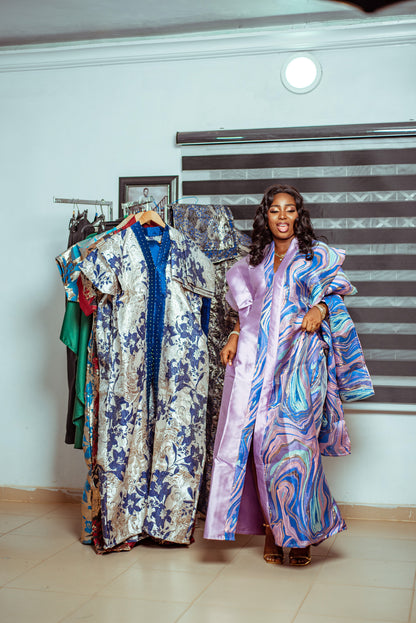 Soft Lilac Metallic Brocade Boubou with Swirl-Patterned Shawl