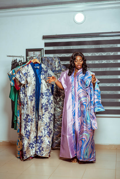 Soft Lilac Metallic Brocade Boubou with Swirl-Patterned Shawl