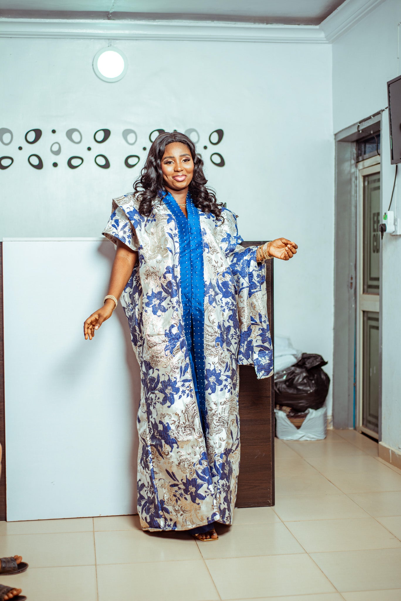 Floral Blue and White Brocade Boubou with Statement Sleeves