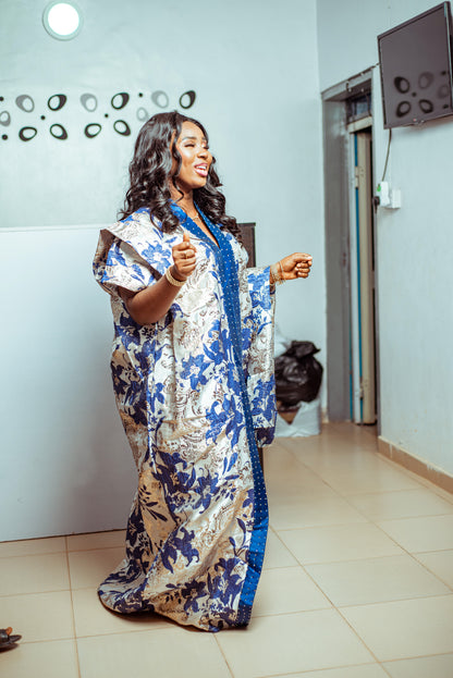 Floral Blue and White Brocade Boubou with Statement Sleeves