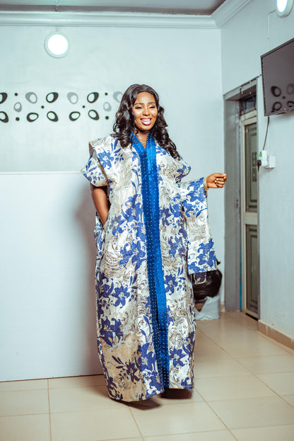 Floral Blue and White Brocade Boubou with Statement Sleeves