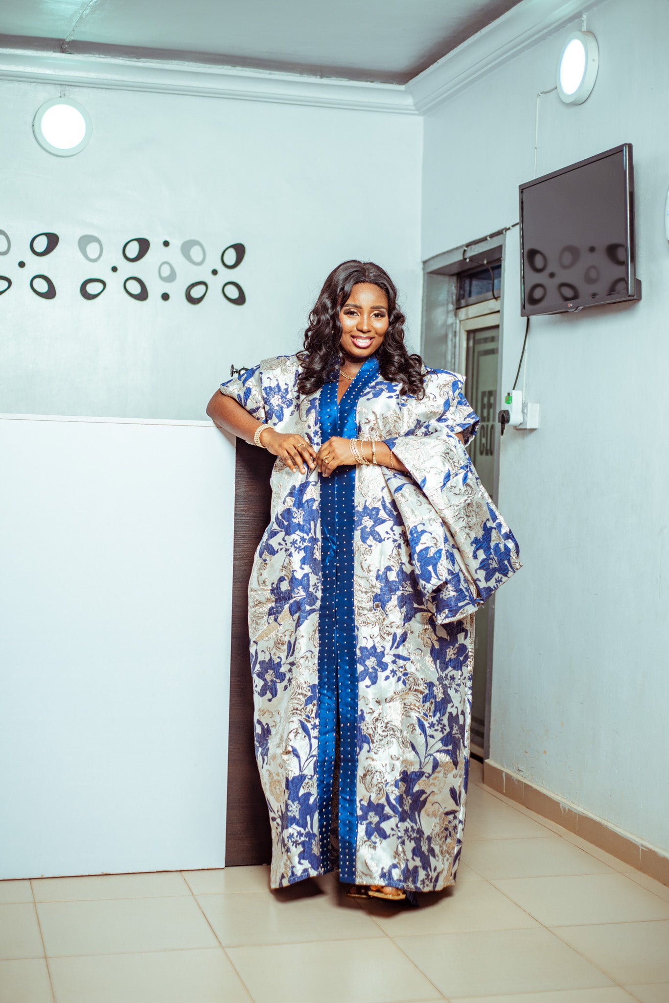 Floral Blue and White Brocade Boubou with Statement Sleeves