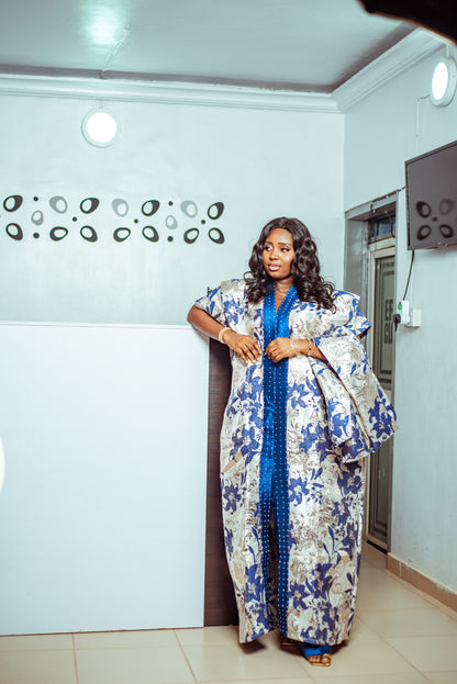 Floral Blue and White Brocade Boubou with Statement Sleeves