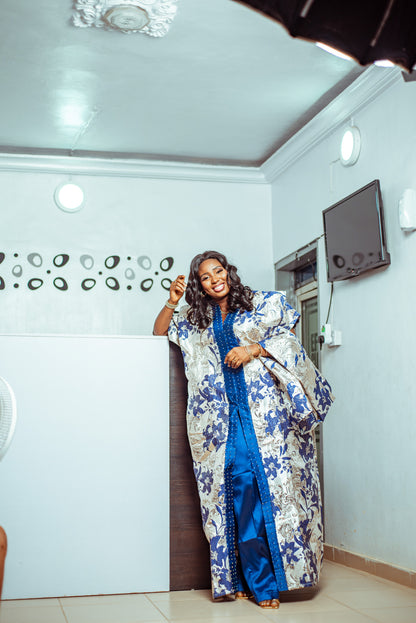 Floral Blue and White Brocade Boubou with Statement Sleeves