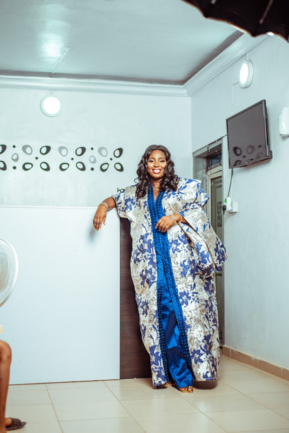 Floral Blue and White Brocade Boubou with Statement Sleeves