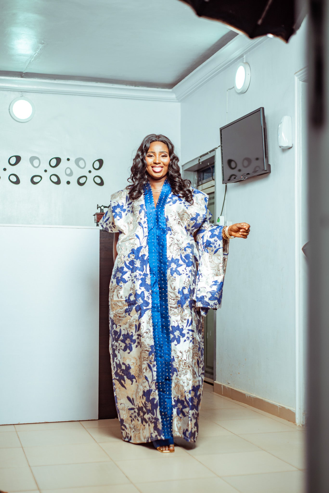 Floral Blue and White Brocade Boubou with Statement Sleeves