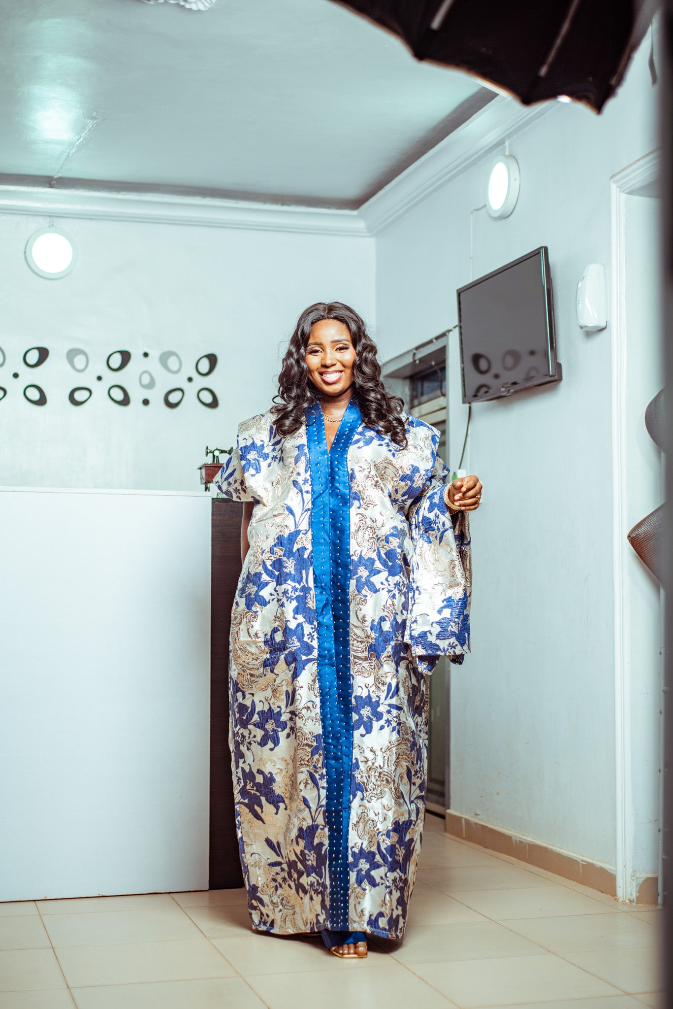 Floral Blue and White Brocade Boubou with Statement Sleeves