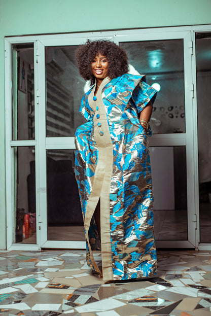 Radiant Blue and Gold Brocade Boubou with Elegant Button Details