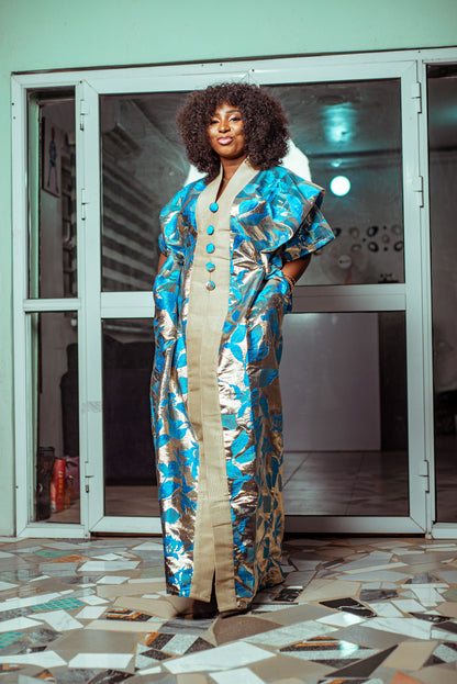 Radiant Blue and Gold Brocade Boubou with Elegant Button Details