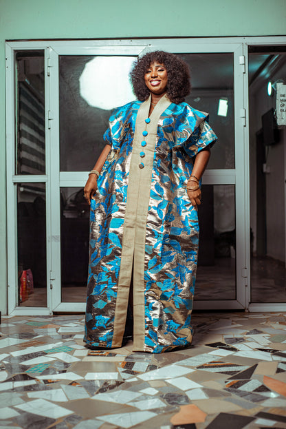 Radiant Blue and Gold Brocade Boubou with Elegant Button Details