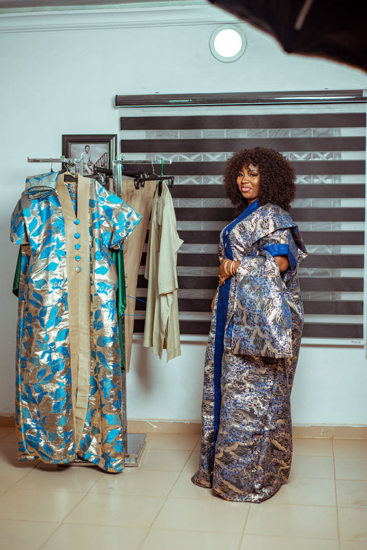 Royal Blue and Silver Brocade Boubou with Statement Buttons 💙✨