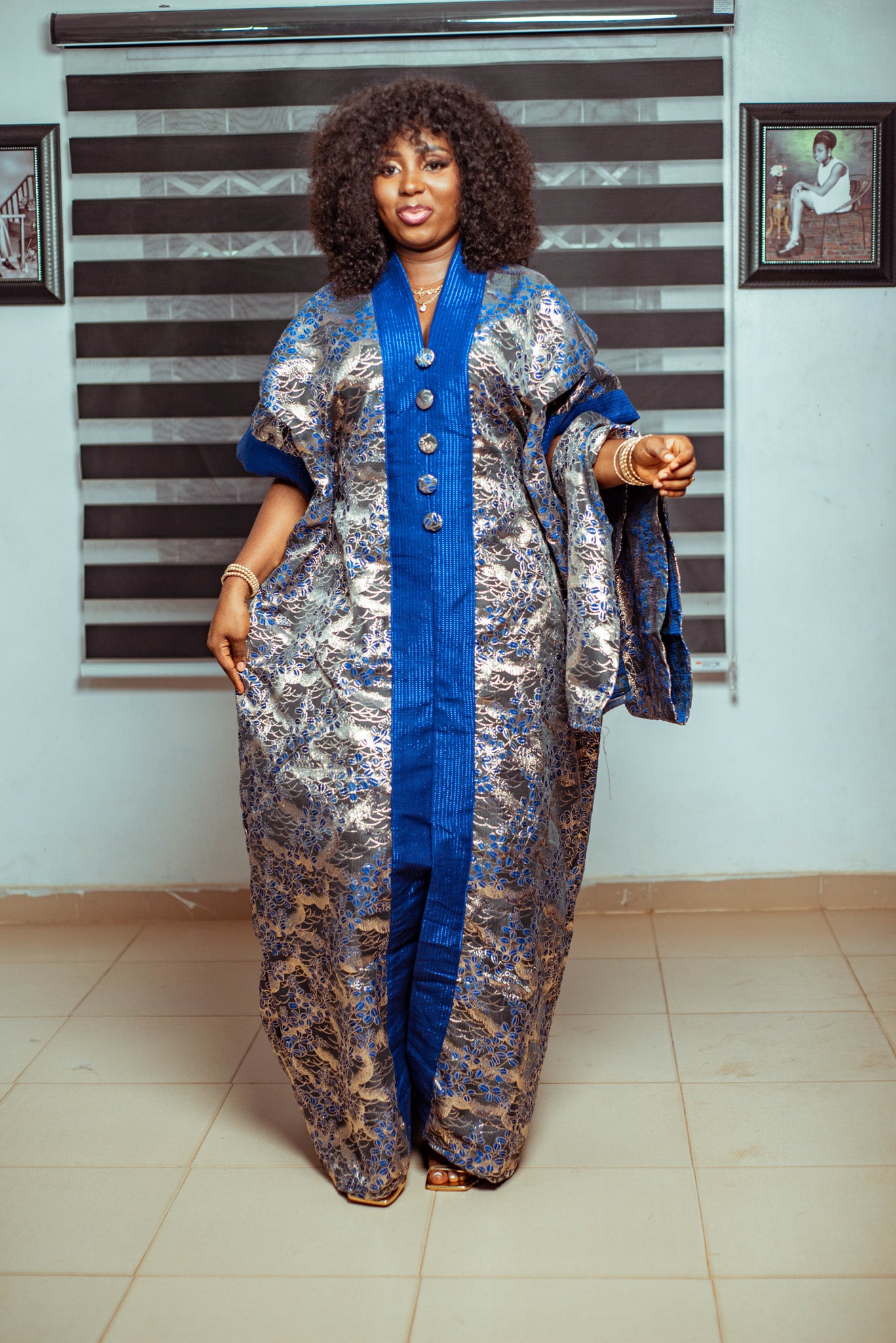 Royal Blue and Silver Brocade Boubou with Statement Buttons 💙✨