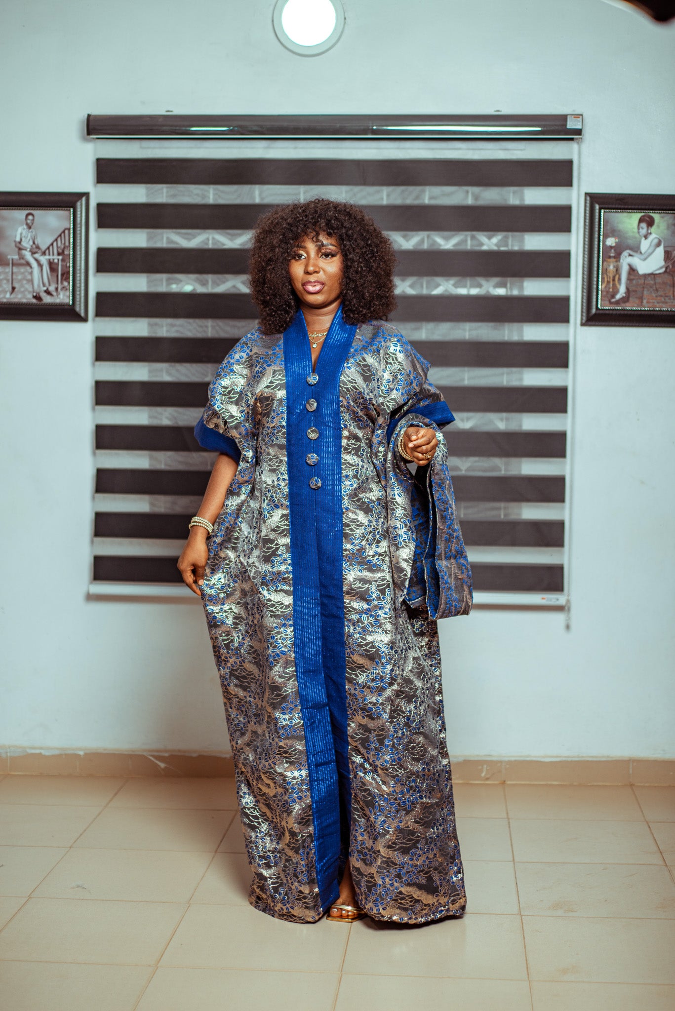 Royal Blue and Silver Brocade Boubou with Statement Buttons 💙✨