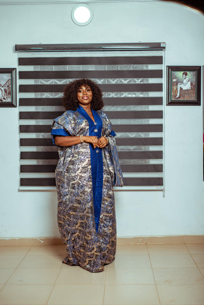 Royal Blue and Silver Brocade Boubou with Statement Buttons 💙✨