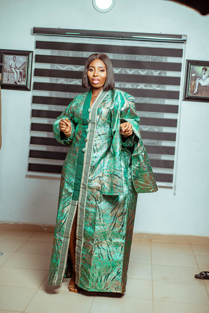 Emerald Green Metallic Brocade Boubou with Button Accents