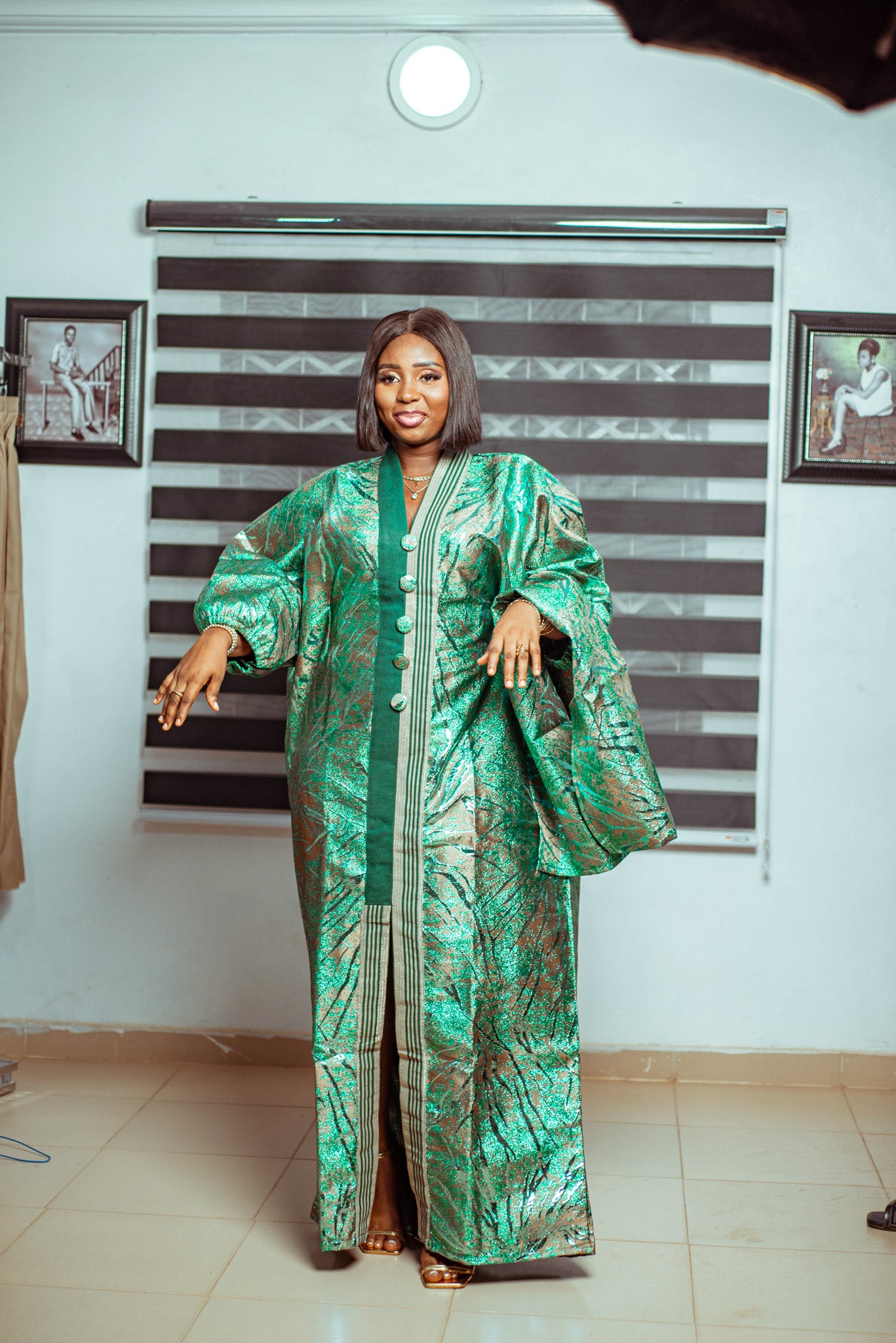 Emerald Green Metallic Brocade Boubou with Button Accents