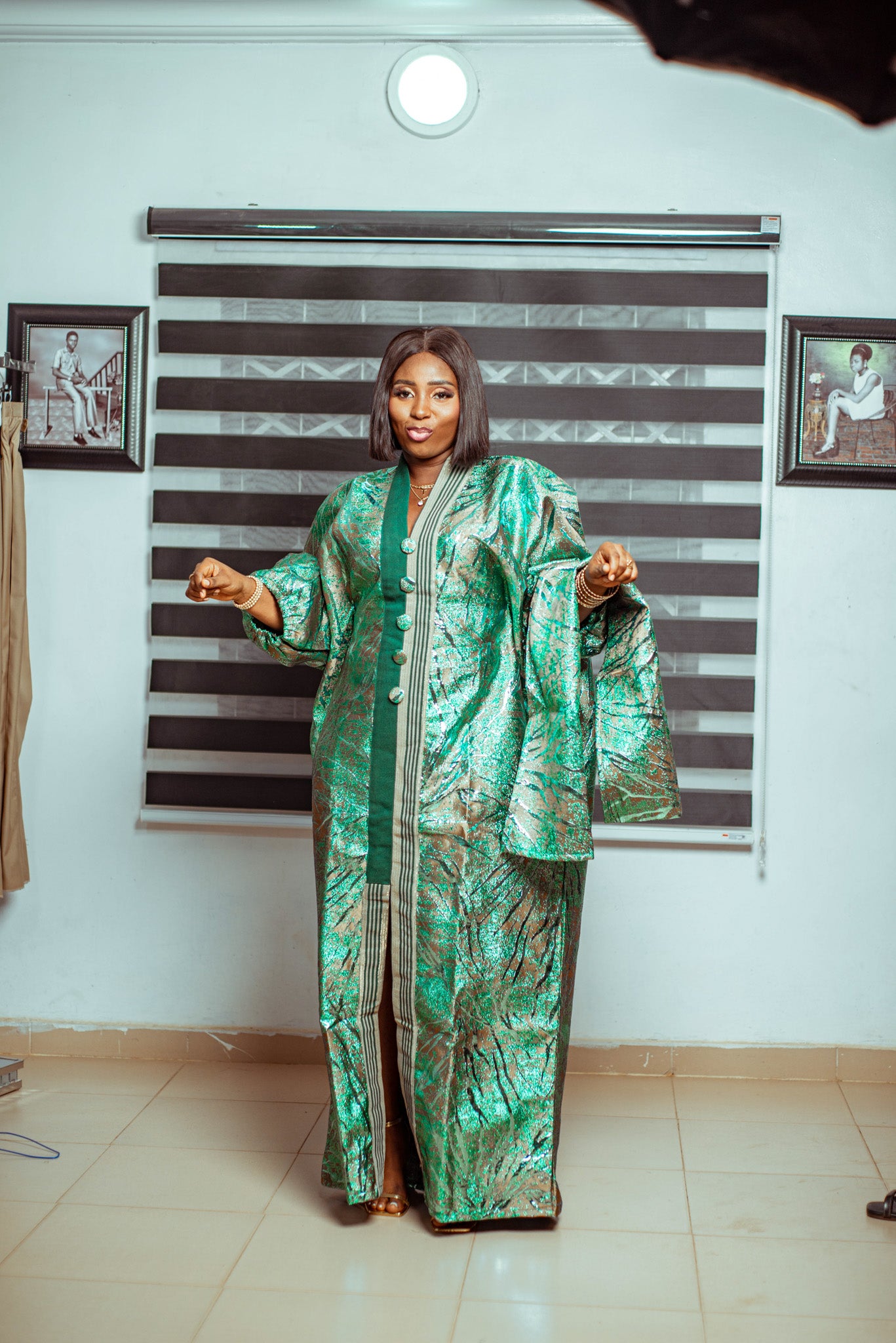 Emerald Green Metallic Brocade Boubou with Button Accents