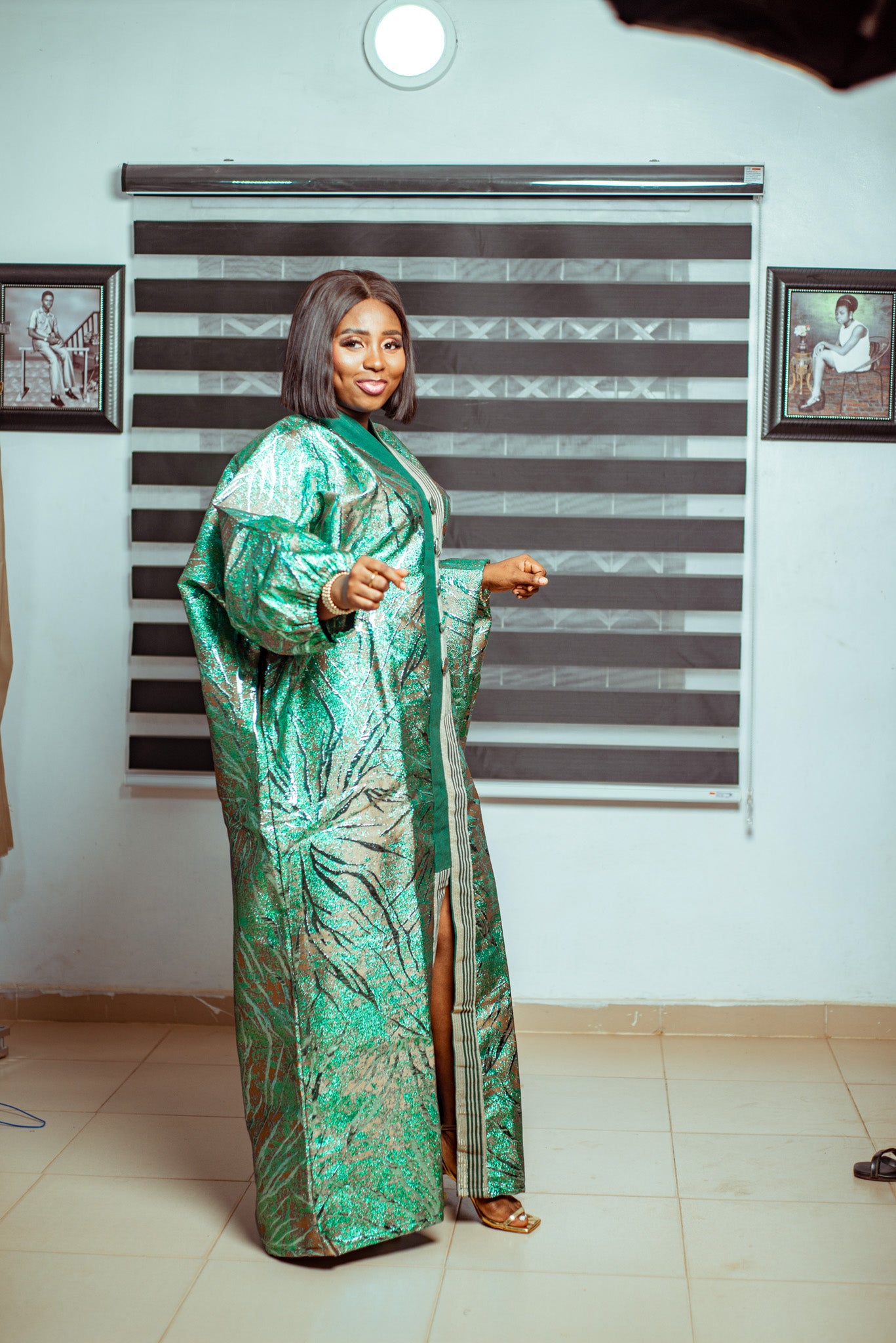 Emerald Green Metallic Brocade Boubou with Button Accents