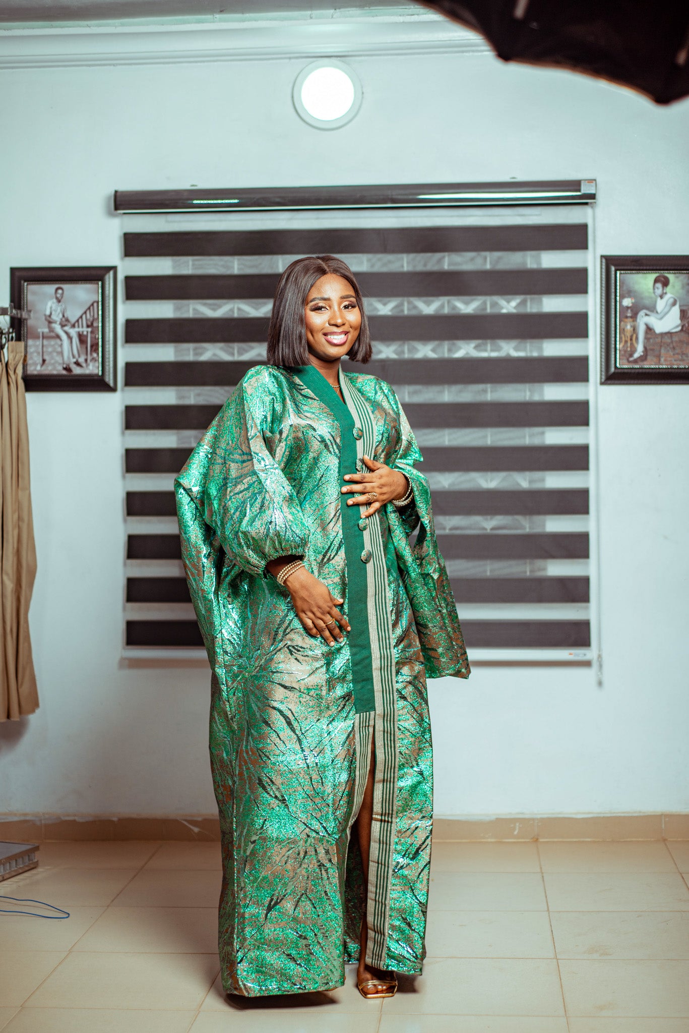 Emerald Green Metallic Brocade Boubou with Button Accents