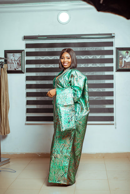 Emerald Green Metallic Brocade Boubou with Button Accents