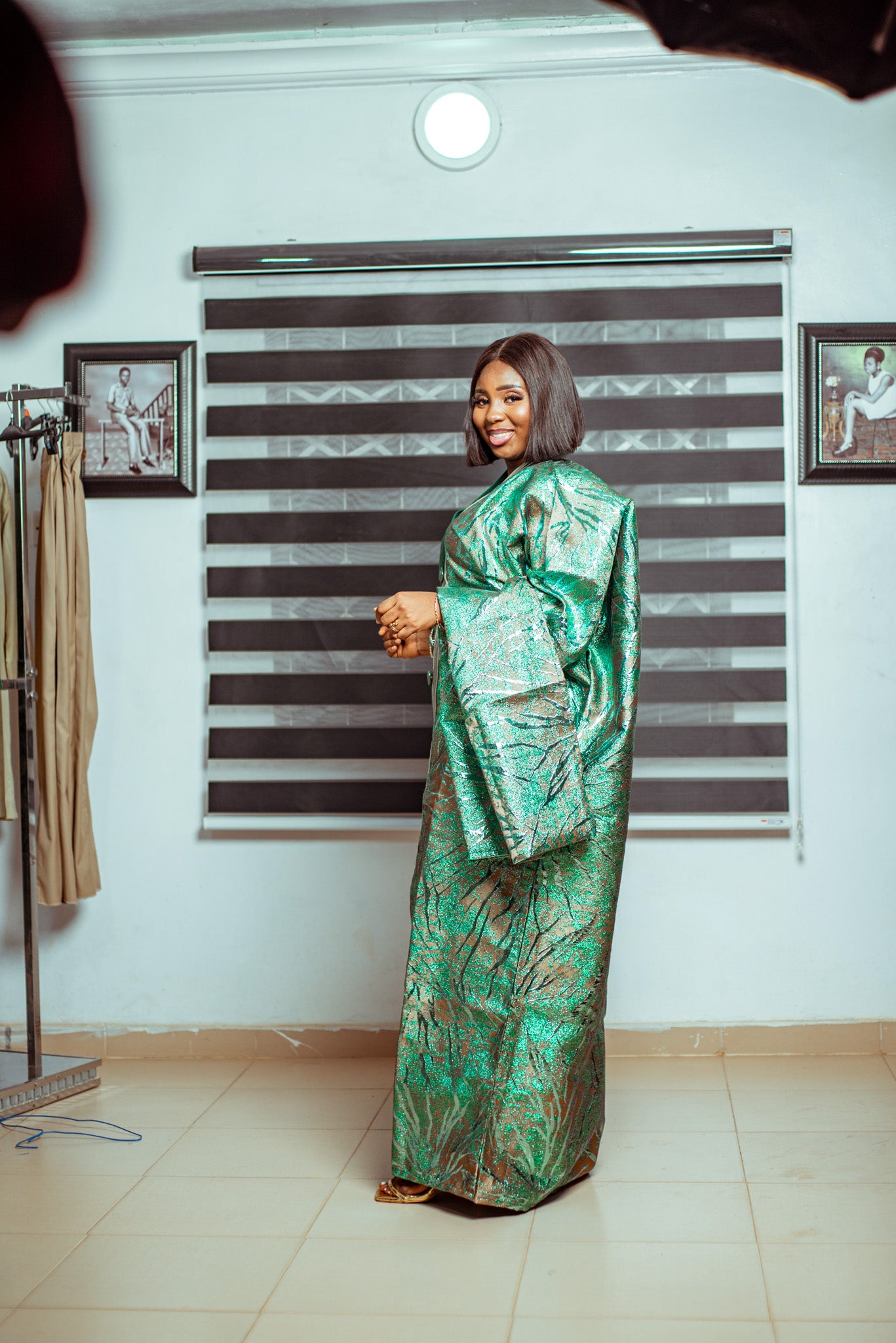 Emerald Green Metallic Brocade Boubou with Button Accents