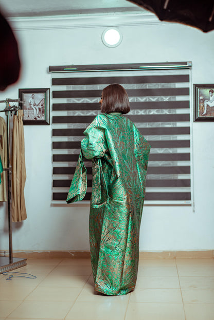 Emerald Green Metallic Brocade Boubou with Button Accents