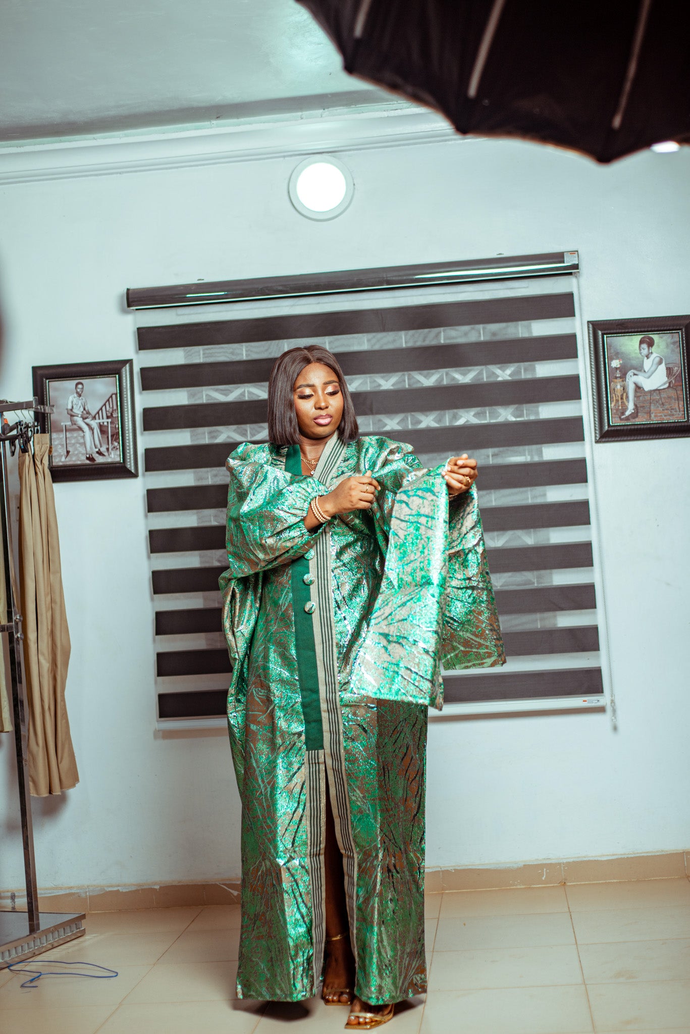 Emerald Green Metallic Brocade Boubou with Button Accents