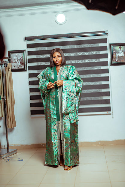 Emerald Green Metallic Brocade Boubou with Button Accents