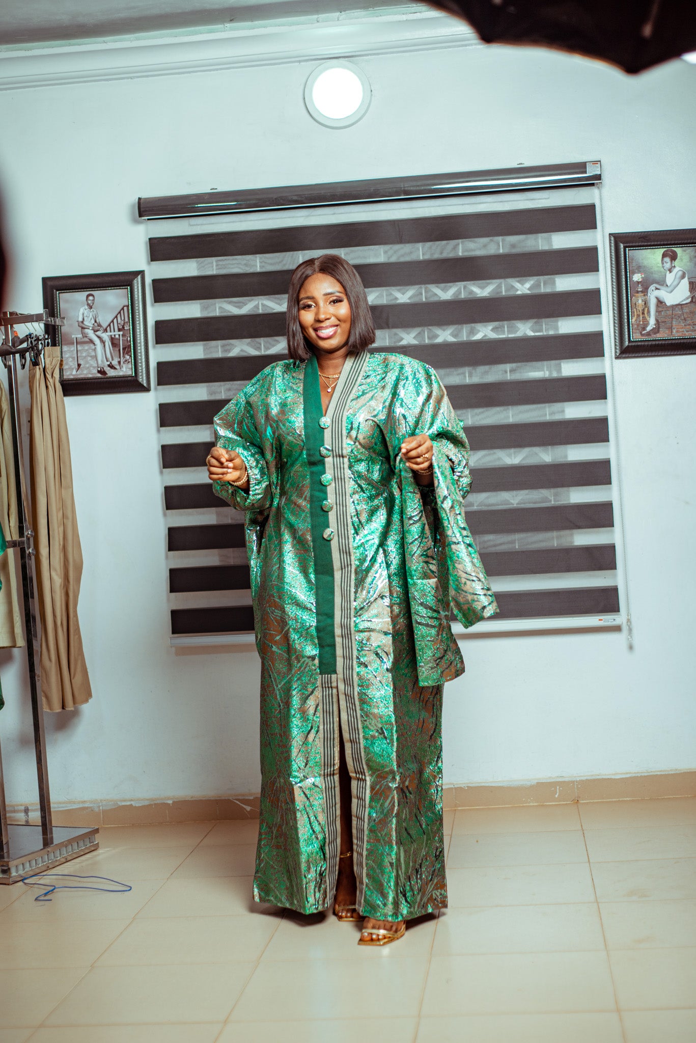 Emerald Green Metallic Brocade Boubou with Button Accents