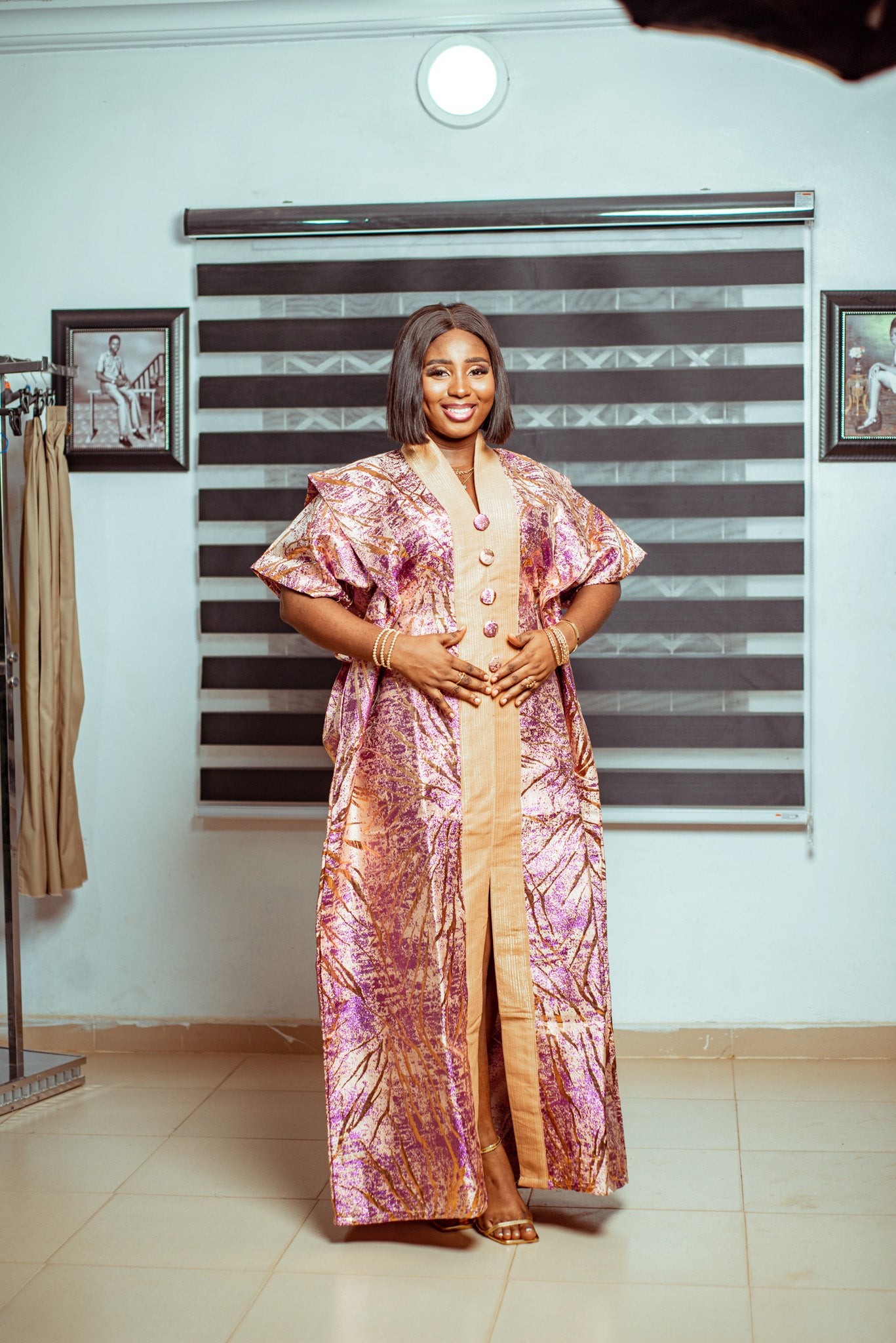 Radiant Gold and Pink Brocade Boubou with Statement Sleeves 🌸✨