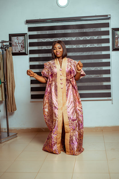 Radiant Gold and Pink Brocade Boubou with Statement Sleeves 🌸✨