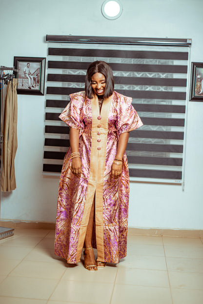 Radiant Gold and Pink Brocade Boubou with Statement Sleeves 🌸✨